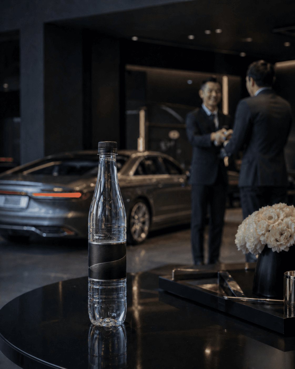 Premium Longneck-Flasche in einem hochwertigen Autohaus-Showroom