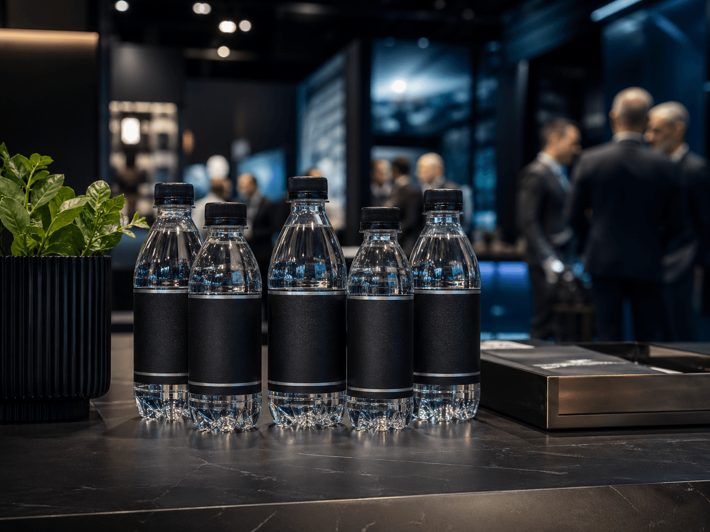 Gebrandete Mini-Flaschen in einer dunklen Event- und Messeszene