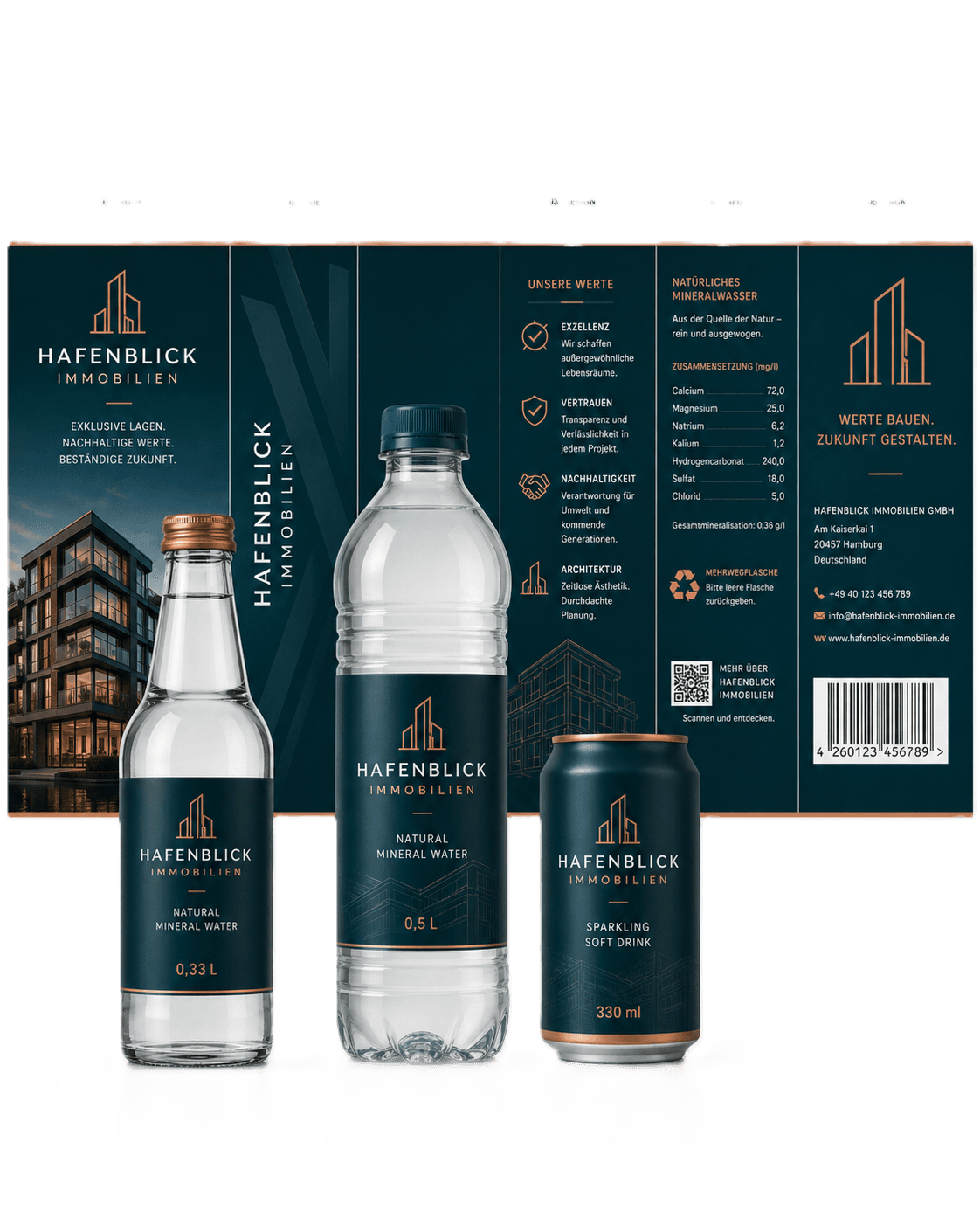 Beispielhaftes Getränkedesign mit Glasflasche, PET-Flasche und Dose