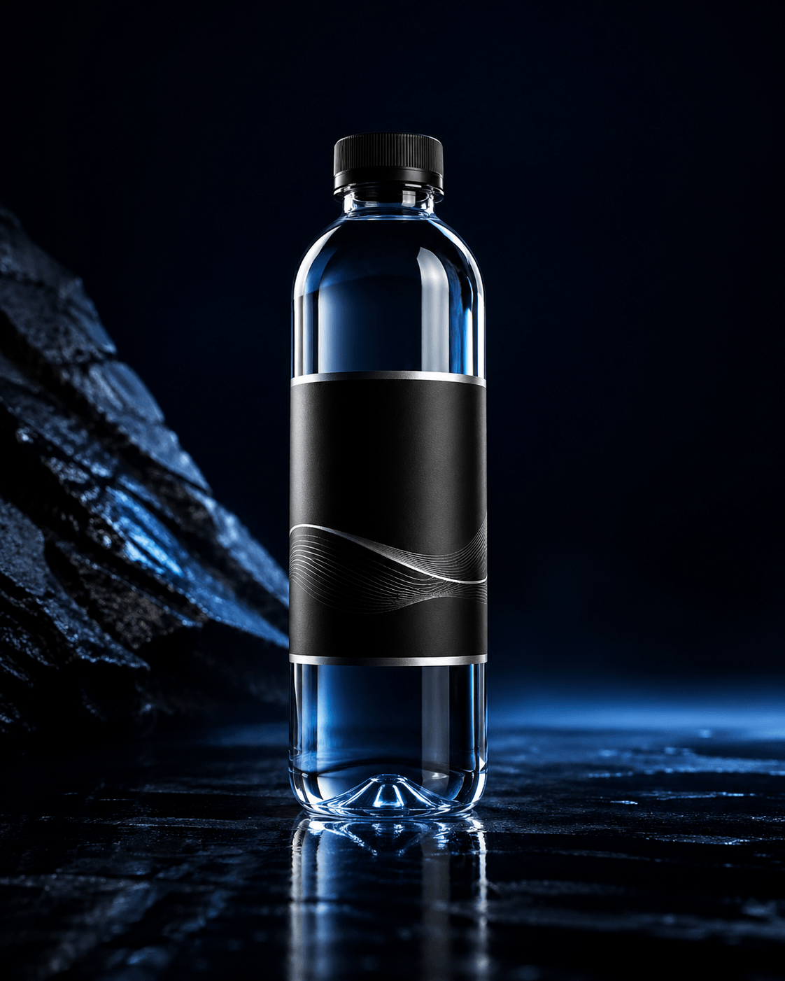 Premium-Flasche mit dunklem Etikett auf reflektierender Oberfläche